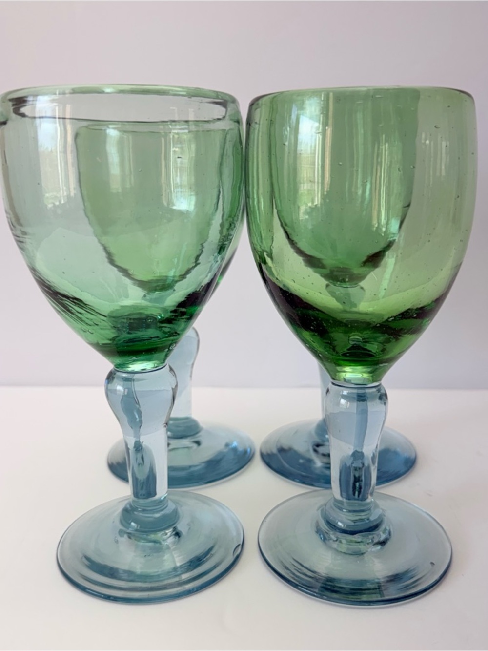 Hand Blown Green Blue Two Tone Art Glass Wine Goblets Set of 4 Boho Artisan MCM